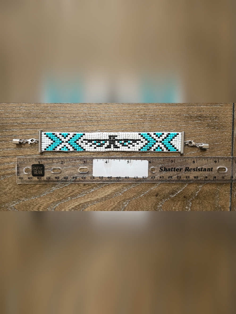 Handmade Seed Bead Bracelet in Turquoise & White With Gold Accents. THUNDERBIRD - Picture 3 of 3